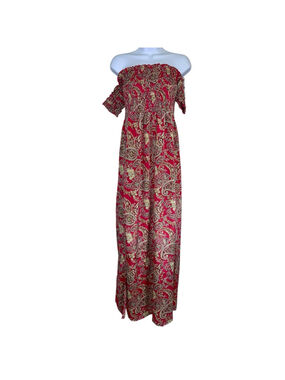 Women's Earthbound Trading Red Beige Paisley Off-Shoulder Maxi Dress XL